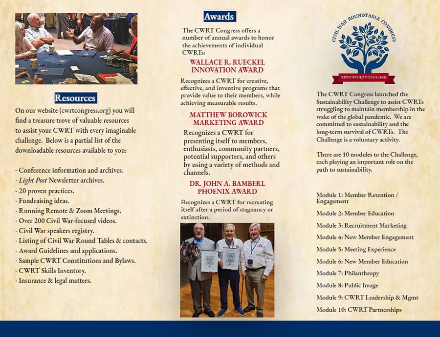 Inside panels of a tri-fold brochure designed for the Civil War Round Table Congress